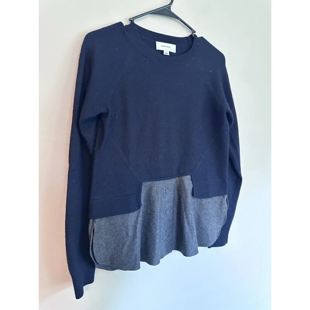Carven 100% Wool SMALL Layered Sweater Crew Neck Navy Blue Dress Shirt Structure